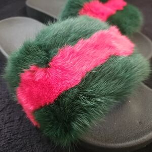 Handmade Green RED Mink Fur Slides - Pink 8/38.5